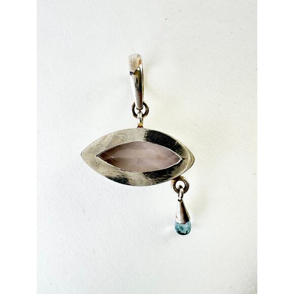 Rose Quartz Marquis Blue Topaz Briolette Sterling Silver Pendant - Picture 2 of 4